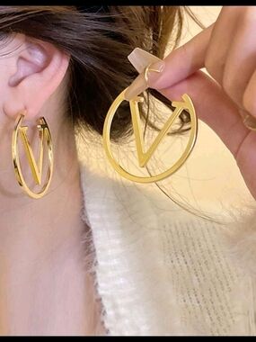 Gold V Hoop Earrings with V Accent - Women Jewelry